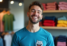 homme souriant portant un tee-shirt humouristique bleu dans une boutique de vêtements