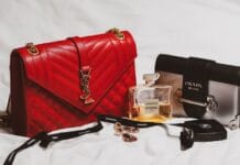 red and black leather handbag